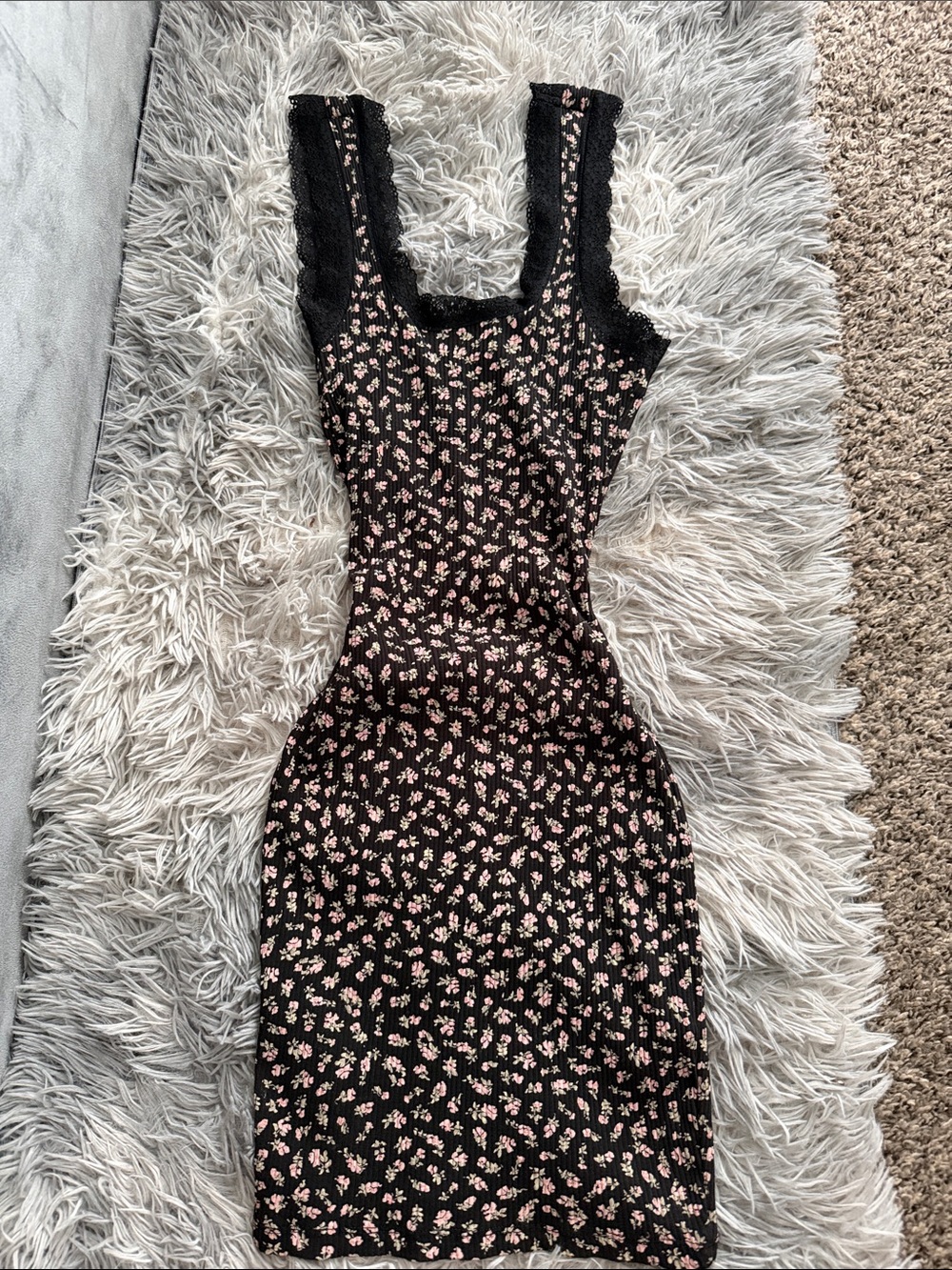 H&M Black Midi Dress with Pink Floral Print and Lace Trim